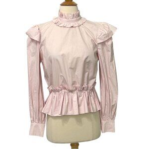 GANNI Womens Pink Ruffle Mock Neck Peplum Blouse Open Back Long Sleeve Size 38/6